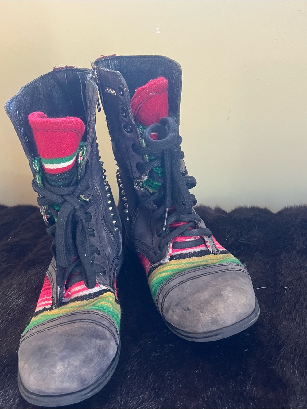 Black Combat Boots with Red, Green & Yellow Textile Accents